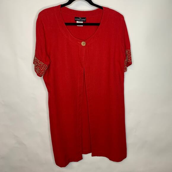 Carole Little Red Dress Jacket Flax Rayon Tencel Sz 14 Beaded Sleeves - Picture 4 of 10